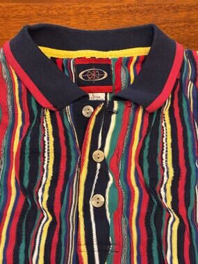 Large Vintage 90s CT Textured Knit Stripe Polo Shirt Coogi-Style Colorful USA